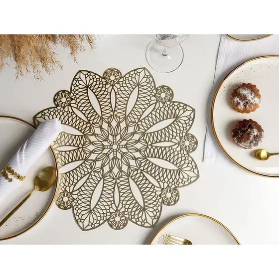 !09 Набор из 2-х предметов - Салфетка сервировочная на стол «Цветок», d=38 см, цвет золотой