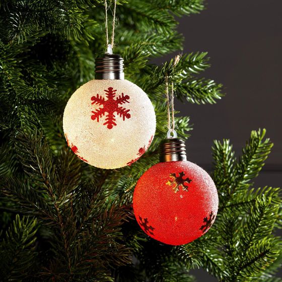 !09 Набор ёлочных шаров «Снежинки», 2 шт., d=8 см, 1 LED, от батареек, свечение тёплое белое