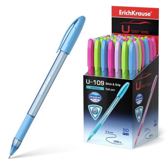 Ручка шариковая ErichKrause U-109 Spring Stick&amp;Grip 1.0, Ultra Glide, цвет чернил синий