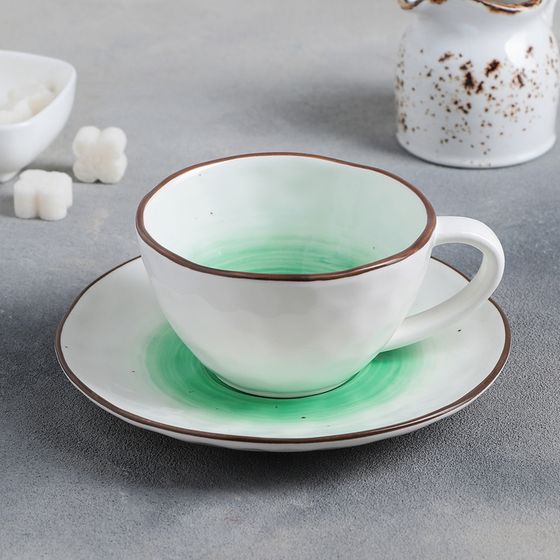 #Чайная пара Доляна «Космос», чашка 250 мл, блюдце d=16 см, цвет зелёный