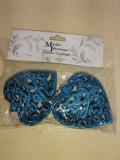 !09 Набор елочных украшений (набор 4 штуки) "Сердце узорное", 5 x 6,5 см, цвет бирюзовый