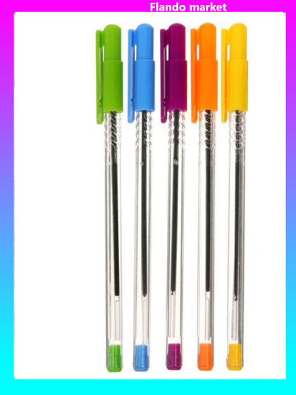 !Ручка шариковая 5 штук 0.7 мм, стержень синий, корпус прозрачный с цветными колпачками, МИКС