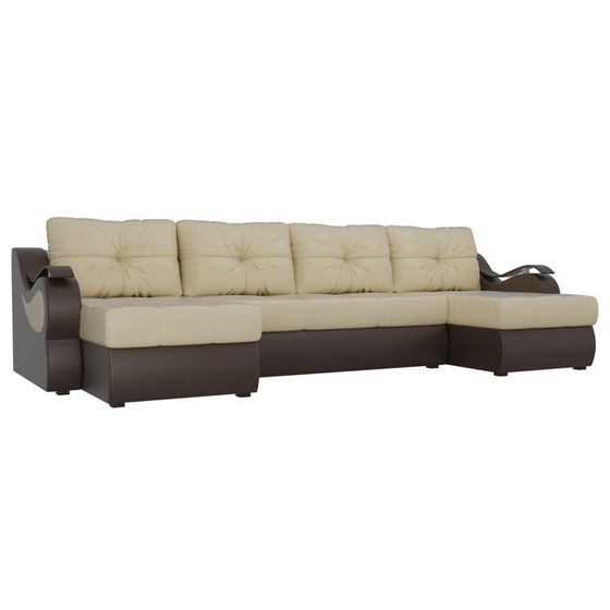 П-образный диван «Меркурий», механизм еврокнижка, экокожа, цвет бежевый / коричневый