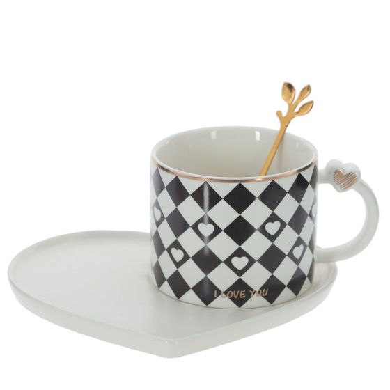 Кружка с блюдцем и ложкой, 220 мл, L16 W14 H7,5 см,дизайн микс