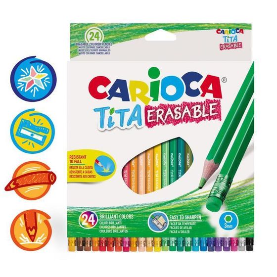 Карандаши 24 цвета Carioca &quot;Tita Erasable&quot;, стираемые, 3.0 мм, шестигранные, пластиковые, с ластиком, картон, европодвес