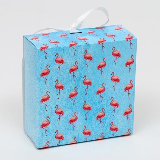 !09 Подарочная коробка (набор 2 штуки) сборная с окном &quot;Фламинго на голубом&quot; 11,5 х 11,5 х 5 см.