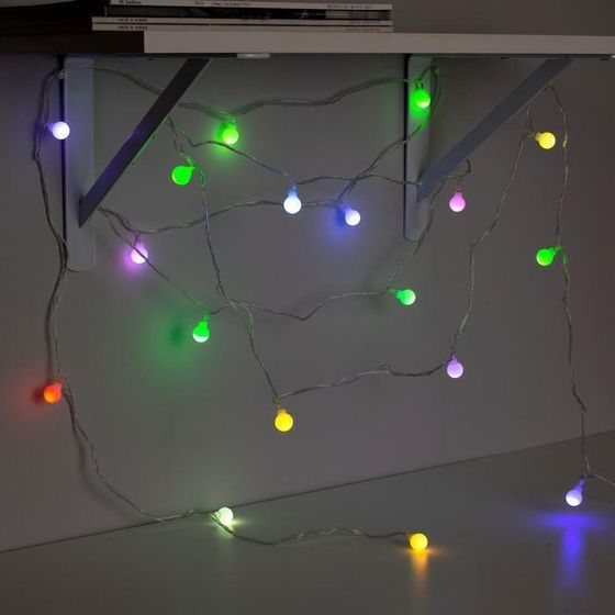 !09 Гирлянда «Нить» 5 м с насадками «Шарики белые», IP20, прозрачная нить, 20 LED, свечение мульти (RG/RB), мигание, 220 В