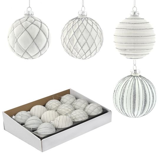 Украшение новогоднее Шар "Белая фантазия" (блок 12 шт), D8 см, L36 W28 H11 см, 4в.