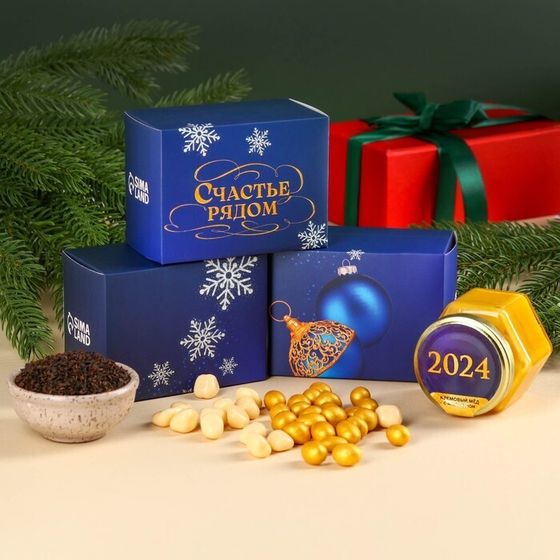 !Подарочный набор «Счастье рядом»: чай чёрный с апельсином 50 г., арахис в шоколаде 100 г., ананас в шоколаде 100 г.,, крем-мёд с апельсином 120 г.