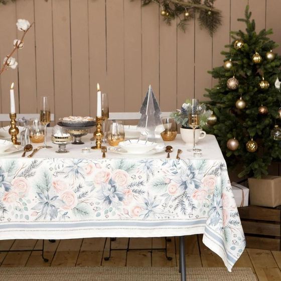 !09 Скатерть новогодняя &quot;Christmas flowers&quot; 149×220 см с ГМВО, 100% хлопок, 190 г/м². водоотталкивающая