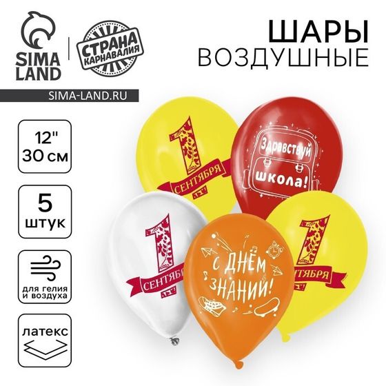 Воздушный шар латексный на 1 сентября 12&quot; «Здравствуй, школа», 5 шт.