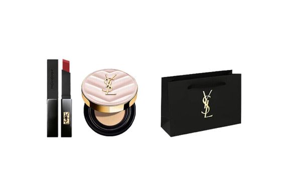 SAINT LAURENT Small Black Stripes Lipstick+New Arrival Pink Cushion B20 12g+Black Shopping Bag