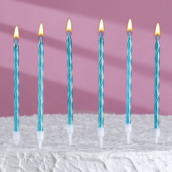 Свечи в торт витые с подставкой, 6 шт, 11 см, небесно-голубой