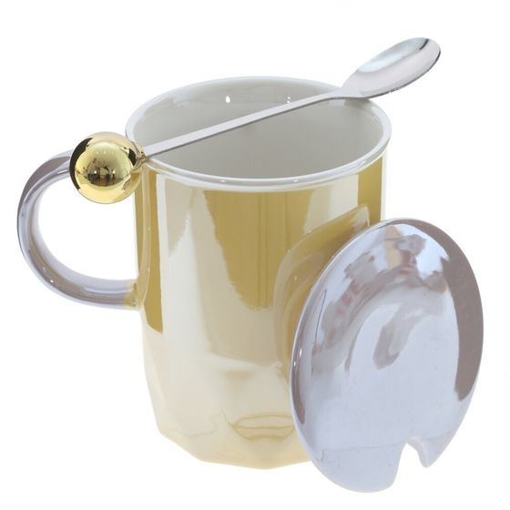 Кружка с крышкой и ложкой, 360 мл, L12 W9 H13 см, 4в.