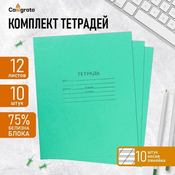 Комплект тетрадей из 10 штук, 12 листов в косую линию КПК &quot;Зелёная обложка&quot;, блок №2, белизна 75% (серые листы)