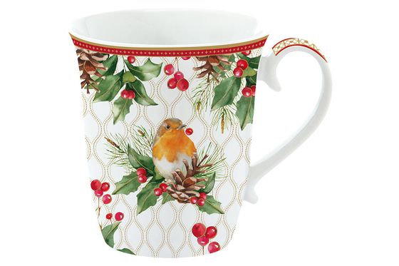 Кружка, 275 мл, фарфор P, белая, с красным кантом, Птица и ягоды, Christmas Berries