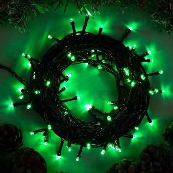Гирлянда «Нить» 10 м, IP20, тёмная нить, 100 LED, 8 режимов, 220 В, свечение зелёное
