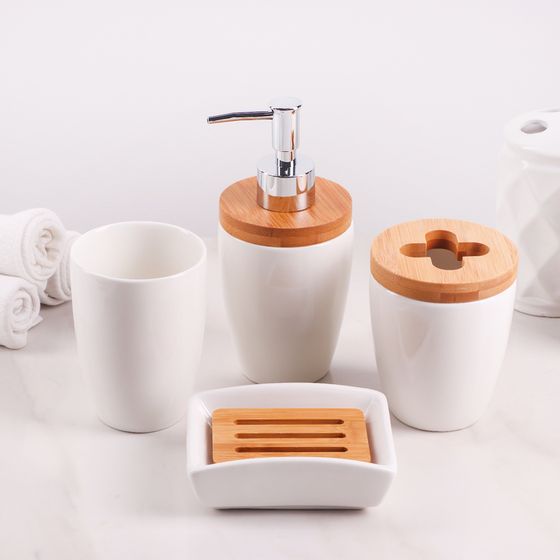 Набор аксессуаров для ванной комнаты «Бамбук», 4 предмета (мыльница, дозатор,два стакана)