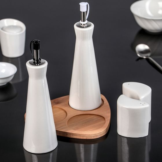 !09 Набор для специй «Эстет», 4 предмета: 2 соусника, солонка, перечница, на деревянной подставке