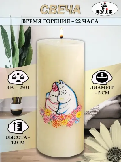 !09 Набор 2 штуки Свеча «Муми тролли»: 7,5×7,5×10 см. + 5x5x12 см.,цвет белый ивори