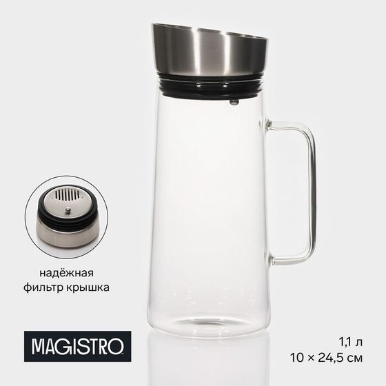Кувшин для воды Magistro «Грация», 1.1 л, 10×24.5 см, с металлической крышкой, стекло, прозрачный