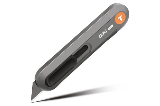 Технический нож &quot;Home Series Gray&quot; Deli HT4008C Т-образное лезвие с механизмом автоматического возврата, эксклюзивный дизайн, корпус из выс