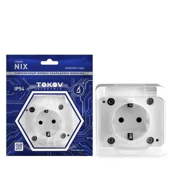 Розетка TOKOV ELECTRIC, Nix, 1-м, 16А, IP54, 250В, с з/к, с прозр. кр, белый, TKE-NX-R1Z-C01T-IP54