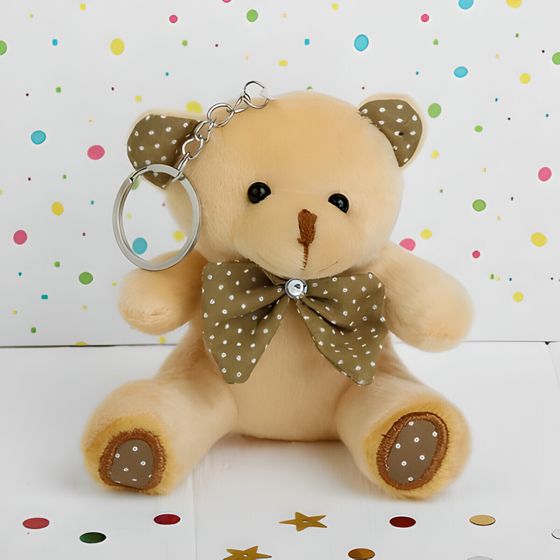 !09 Плюшевый игрушка-брелок «Мишка», бант в горошек, 10 см. цвет светлый беж