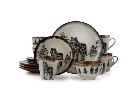 Elama Majestic Wolf 16 Piece Luxurious Stoneware Dinnerware with Complete Settin