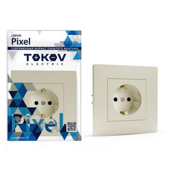 Розетка TOKOV ELECTRIC, Pixel, 1-м, 16А, IP20, с з/к, со шторкой, бежевый, TKE-PX-R1FZSF-C0