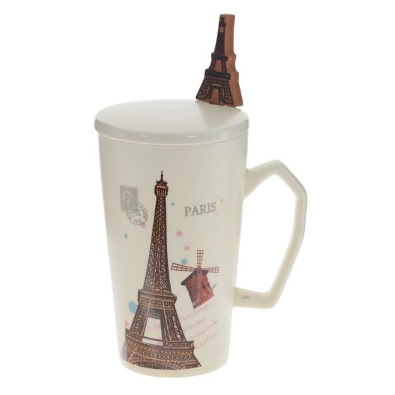 Кружка с крышкой и ложкой, 300 мл, L10 W8 H13 см, дизайн микс