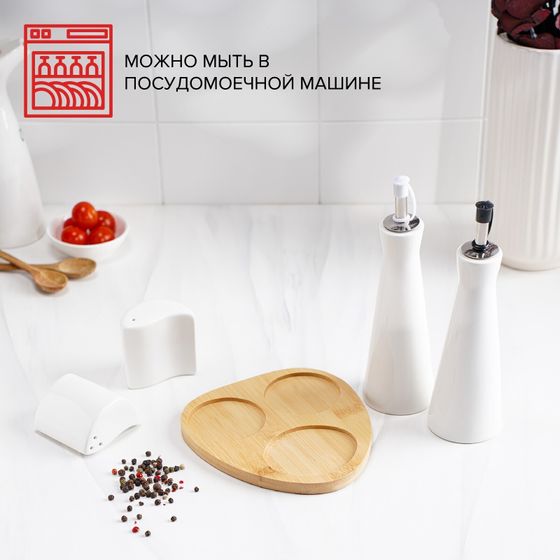 !09 Набор для специй «Эстет», 4 предмета: 2 соусника, солонка, перечница, на деревянной подставке