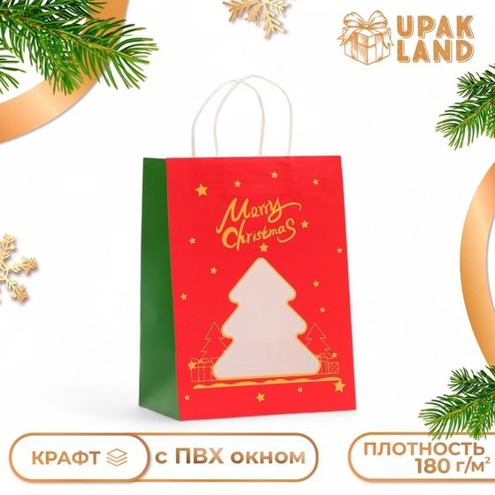 Пакет подарочный новогодний с окном &quot;Ёлка&quot; 19 х 26 х 13 см.