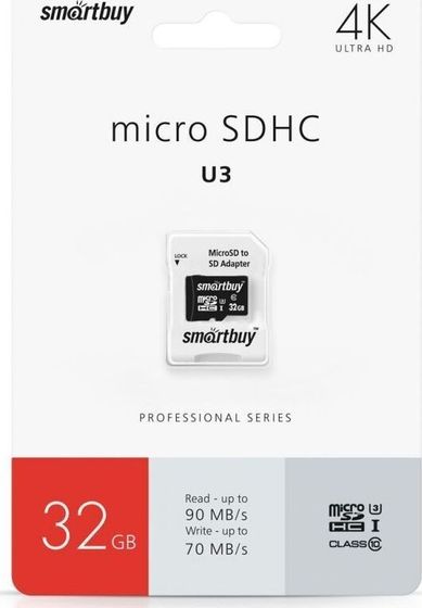 Карта памяти microSDHC 32GB Smartbuy SB32GBSDCL10U3L-01+адаптер