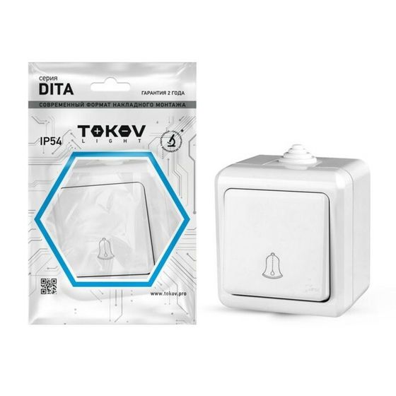 Кнопка звонка TOKOV ELECTRIC, Dita, IP54, 10А, 250В, белый, TKL-DT-DB-C01-IP54