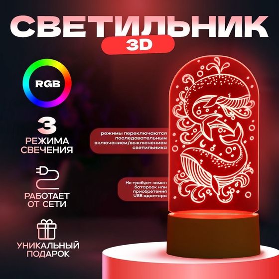 Светильник 3D ночник RISALUX «Кит», LED белый 8.5×9.5×16 см