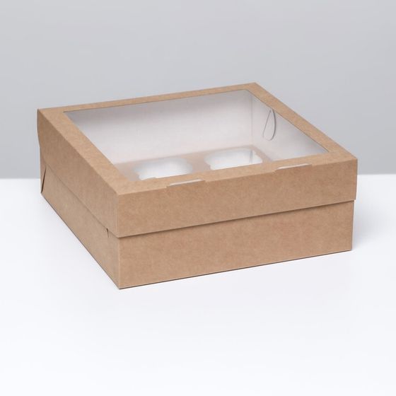 Коробка под 9 маффинов с окном, крафт, 25 х 25 х 10 см