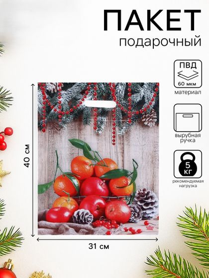 !09 Пакет "Композиция с мандаринами" (набор 5 штук) полиэтиленовый с вырубной ручкой, 40 х 31 см, 60 мкм.