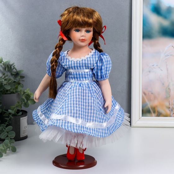 Кукла коллекционная керамика &quot;Мила в синем платье в мелкую клетку&quot; 40 см