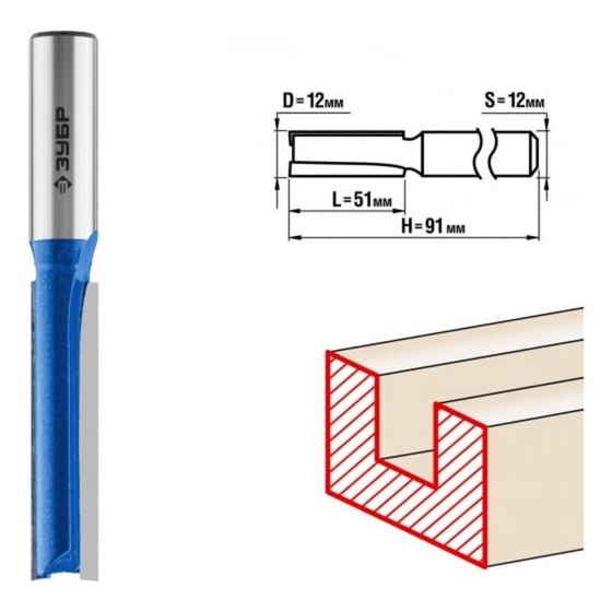 Фреза пазовая ЗУБР 28754-12-51, прямая, удлинённая, хвостовик d = 12 мм, 12 x 51 мм