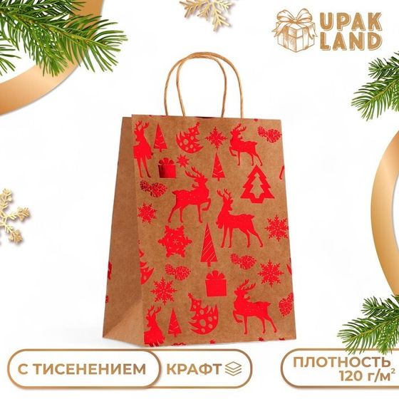 Пакет крафт с  тиснением, круглая ручка, &quot;Лес&quot;  21 х 27 х 11 см, 120 г