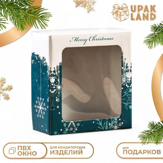 Подарочная коробка складная, новогодняя &quot;Снежинки Merry Christmas&quot;, 14,5 х 14,5 х 6 см.