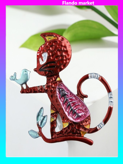 !Брошь мультяшная "Кошка" с птичкой, цвет бордовый в сером металле