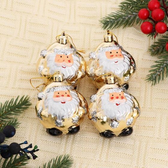 !09 Набор елочных украшений &quot;Дед Мороз - толстячок&quot; 6х6,5 см (набор 4 штуки) цвет золотой
