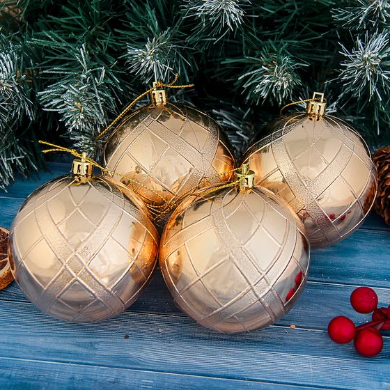 !09 Набор елочных шаров (набор 4 штуки) &quot;Переплет&quot; пластик d-8 см. цвет золотистый