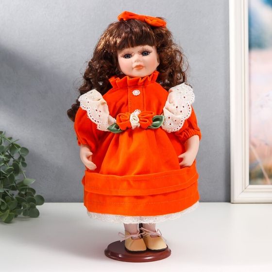 Кукла коллекционная керамика &quot;Агата в ярко-оранжевом платье и банте, с рюшами&quot; 30 см