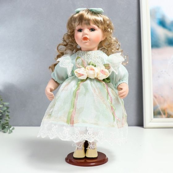 Кукла коллекционная керамика &quot;Джудит в нежно-мятном платье с цветочками&quot; 30 см