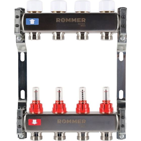 Коллектор ROMMER RMS-1200-000004, 1&quot;х3/4&quot;, 4 выхода, с расходомерами, нержавеющая сталь