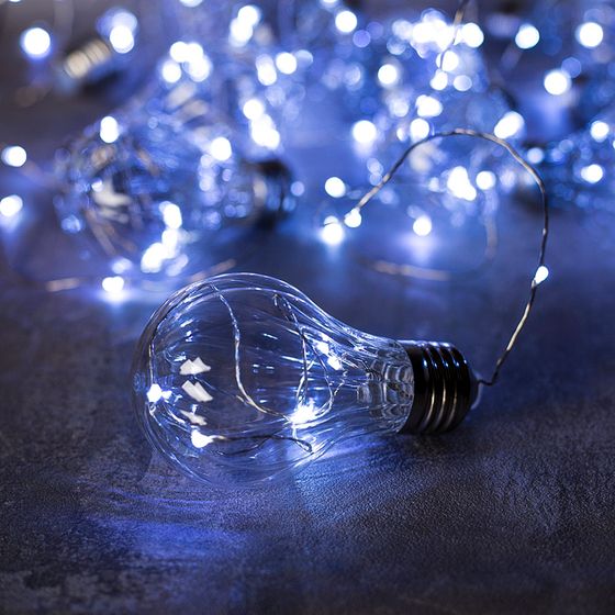 !09 Гирлянда «Нить» 3 м роса с насадками «Лампочки объёмные», IP20, серебристая нить, 100 LED, свечение белое, 3.5 В