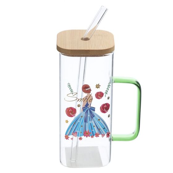 Кружка с крышкой и трубочкой, L5,8 W5,8 H13,5 см, 1 штука, дизайн микс